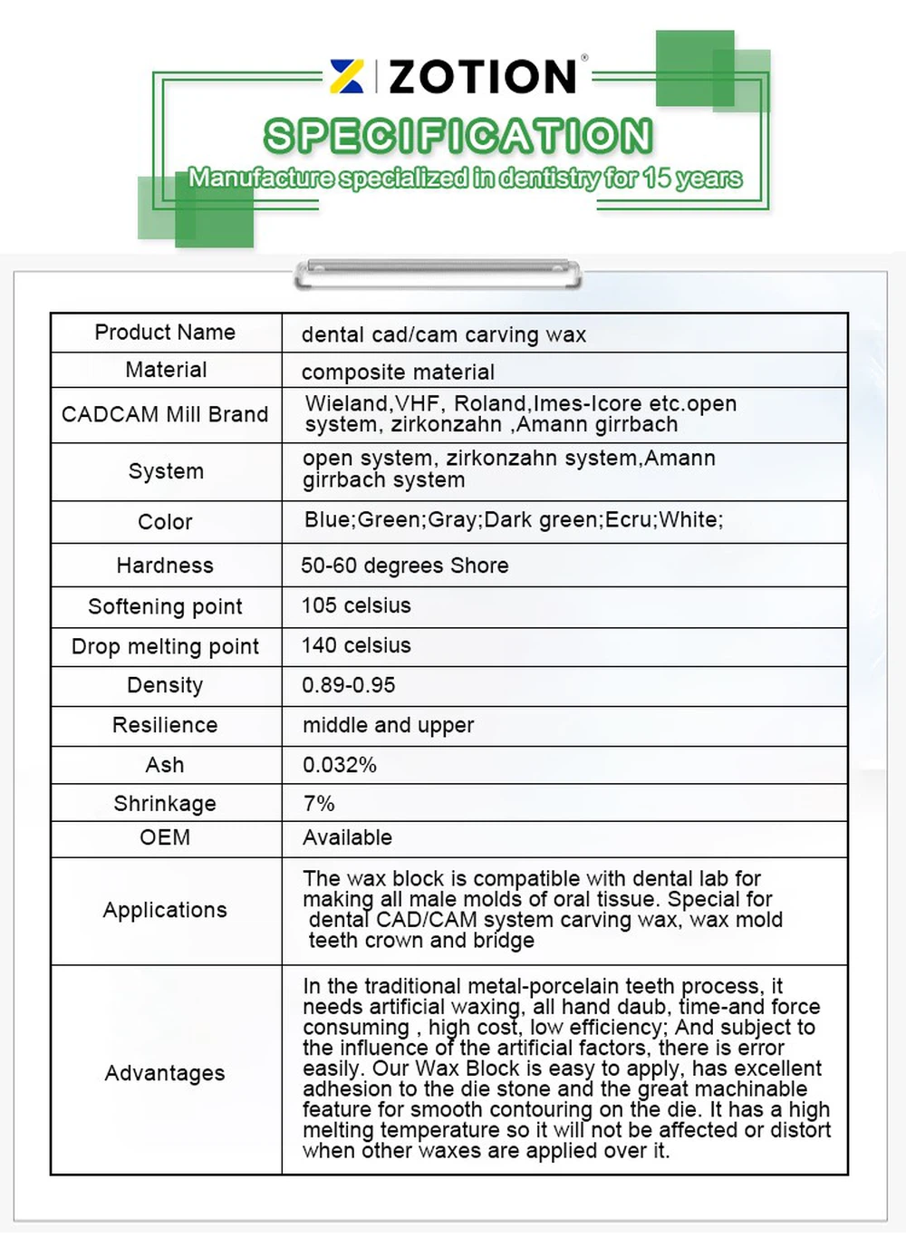 Dental Round 98mm Open System Wax block specification Dental Round 98mm Open System Wax block specification
